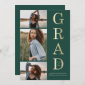 モダン エレガント グリーン ゴールド 3 フォト 卒業 案内状 (正面/裏面)