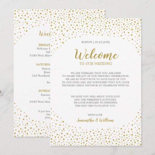 モダン エレガント ゴールド コンフェッティ ウェディング ウェルカム ノート 招待状 (正面/裏面)