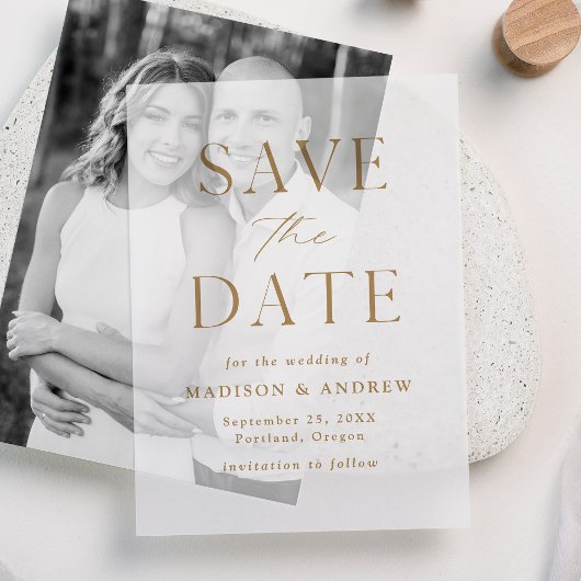 モダン エレガント ゴールド 結婚式 Save the Date ベラム紙招待状