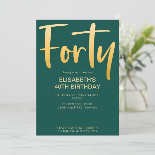 モダン エレガント シンプル グリーン 40歳の誕生日パーティー 招待状 (スタンド正面)