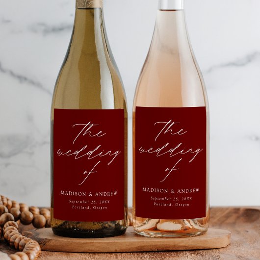 モダン エレガント スクリプト バーガンディ ウェディング ワインラベル