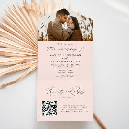 モダン エレガント スクリプト ピンク 結婚式 写真 オールインワン招待状