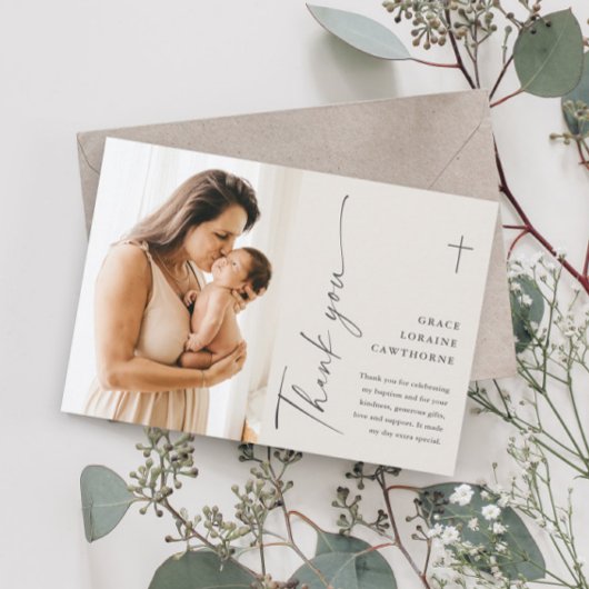 モダン エレガント スクリプト フォト 洗礼 お礼カード 招待状