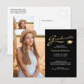 モダン エレガント スクリプト ブラック & ゴールド | 2 フォト 卒業 ポストカード (正面/裏面)