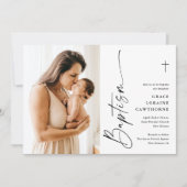 モダン エレガント スクリプト ホワイト フォト 洗礼 招待状 (正面)