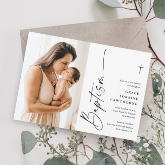 モダン エレガント スクリプト ホワイト フォト 洗礼 招待状