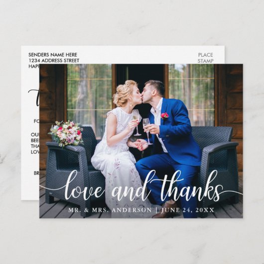 モダン エレガント スクリプト ラブ サンクス ウェディング フォト W ポストカード (正面/裏面)
