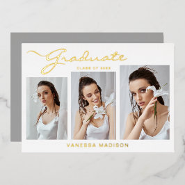 モダン エレガント スクリプト | 3枚の写真の卒業式のご案内 箔招待状