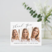 モダン エレガント スクリプト 3 フォト 卒業 ありがとう ポストカード (スタンド正面)
