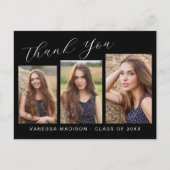 モダン エレガント スクリプト 3 フォト 卒業 ありがとう ポストカード (正面)