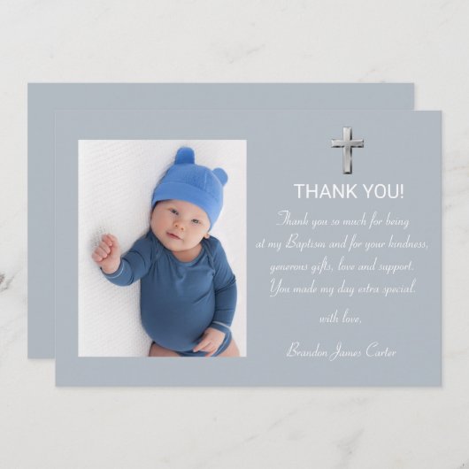 モダン エレガント ダスティーブルー 十字架 男の子 洗礼 サンキューカード (正面/裏面)