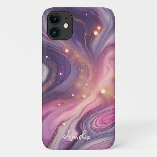 モダン エレガント パープル ゴールド 大理石 名前入り Case-Mate iPhoneケース (裏面)