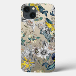 モダン エレガント フローラル イエロー シルバー グレー iPhone 13ケース