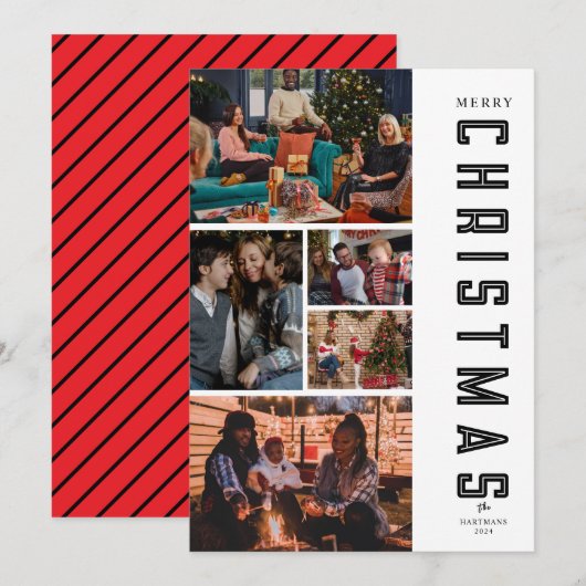 モダン エレガント ブラック ファイブ フォト コラージュ クリスマス (正面/裏面)