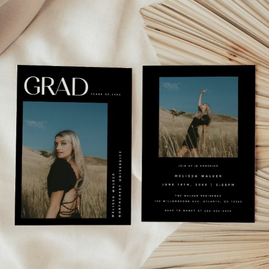 モダン エレガント ブラック 2 フォト 卒業パーティー 招待状
