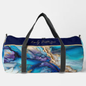モダン エレガント ブルー ゴールド マーブル 個人名入れ ダッフルバッグ (正面)