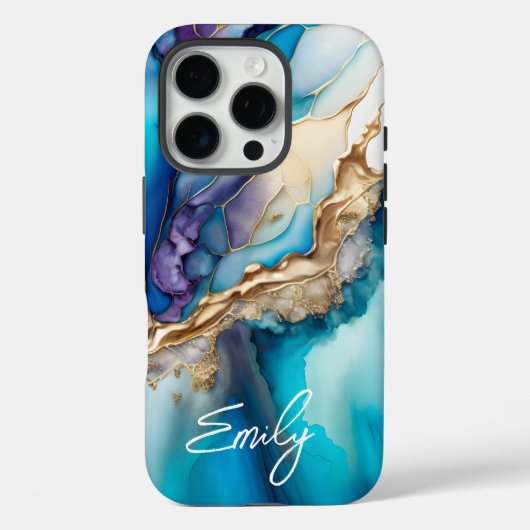 モダン エレガント ブルー ゴールド マーブル 名前入り Case-Mate iPhoneケース (裏面)
