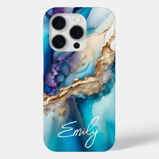 モダン エレガント ブルー ゴールド マーブル 名前入り Case-Mate iPhoneケース (裏面)