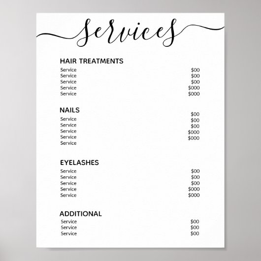 モダン エレガント ホワイト サロン 価格リスト サービス メニュー ポスター (正面)