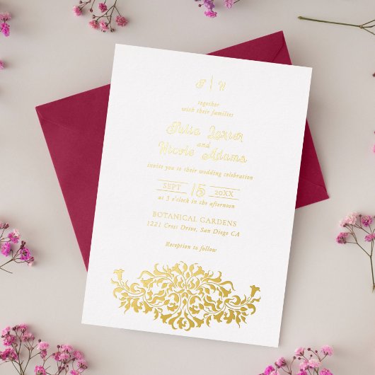 モダン エレガント ロマンティック フローラル リース ウェディング 箔招待状