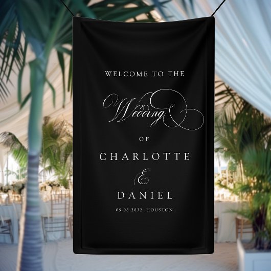 モダン,エレガント，手書きフォント，黒結婚い 横断幕
