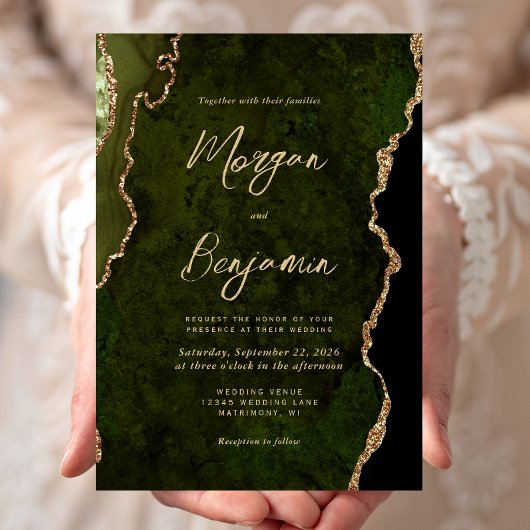 モダン オリーブグリーン アゲート ゴールド 手書き風 結婚式 招待状