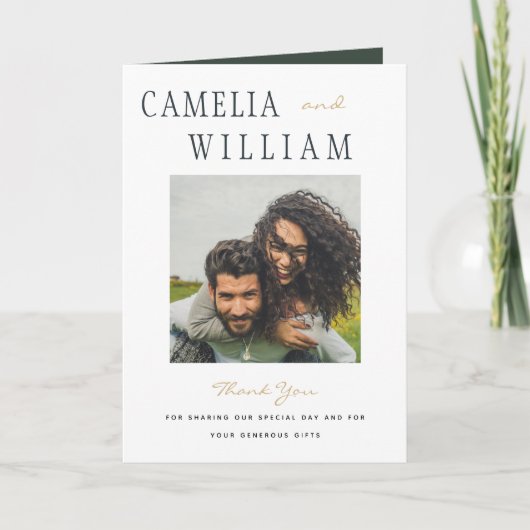 モダン オリーブグリーン ゴールド ウェディング フォト  サンクス サンキューカード (正面)