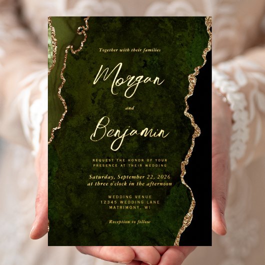 モダン オリーブグリーン 手書き風 結婚式 箔招待状