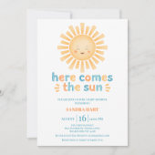 モダン オレンジ ティール ヒア カムズ ザ サン ベイビー シャワー 招待状 (正面)