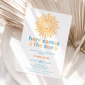 モダン オレンジ ティール ヒア カムズ ザ サン ベイビー シャワー 招待状