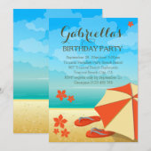 モダン オレンジ トロピカル ビーチ バースデー パーティー 招待状 (正面/裏面)