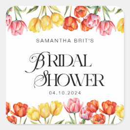 モダン オレンジ ピンクのチューリップ フラワー ブライダル シャワー スクエアシール