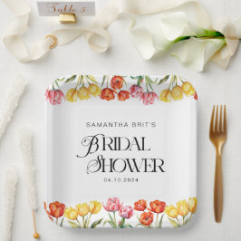 モダン オレンジ ピンク チューリップ フラワーブライダルシャワー ペーパープレート
