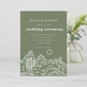 モダン カクタス ラインアート 砂漠 オリーブグリーン ウェディング 招待状 (スタンド正面)