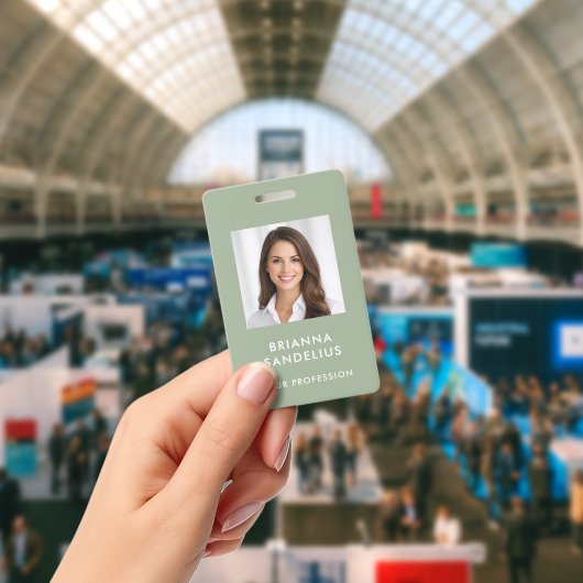 モダン カスタム スクリプト セージグリーン 写真付きID 名前 バッジ (会議)