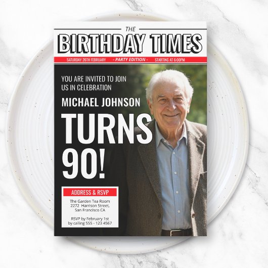 モダン カスタム フォト 90歳の誕生日 新聞表紙 招待状