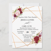 モダン カッパー ブラッシュ ピンク バーガンディー 幾何学 フローラル 招待状 (正面)