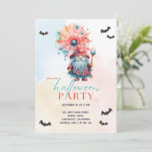 モダン カラフル パステル ブルー ウィザード ハロウィン パーティー 招待状 (スタンド正面)