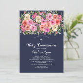 モダン カラフル ピンク フローラル ファースト ホーリー コミュニオン 招待状 (スタンド正面)