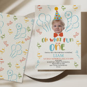モダン カラフル フォト なんて楽しい お誕生日 一歳 招待状