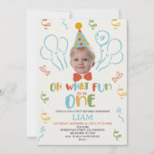 モダン カラフル フォト なんて楽しい お誕生日 一歳 招待状 (正面)