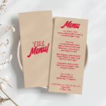 モダン カラフル ボールド ファンキー レトロ ユニーク ウェディング メニュー<br><div class="desc">カラフルなレトロ ファンキー モダン ピンクイエロー ウェディング ディナー メニュー。 ボーホー ヴィンテージ スイート ピンクの背景と赤いマゼンタのボールド タイポグラフィーのおしゃれなテンプレート デザインが特徴です。パーフェクトで、スイート全体とマッチしています。</div>