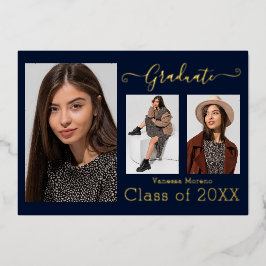 モダン・カリグラフィー+ブルーグラデーション+金箔3枚写真カード 箔招待状