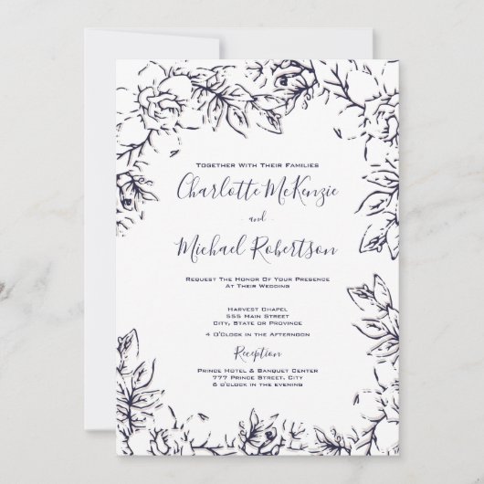 モダン,ガーデニアフローラ,海軍,赤面,結婚s 招待状 (正面)