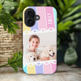 モダン ガーリー ストライプ ハート 写真 名前入り iPhone 16ケース