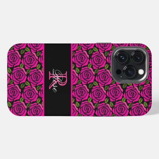 モダン ガーリー ホットピンクのバラ カスタムネーム モノグラム  iPhoneケース (裏面横)