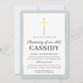 モダン《キリスト教》洗礼式や命名式金ゴールドフォイルはクロスカイ可愛いベビーブルー 招待状 (正面)