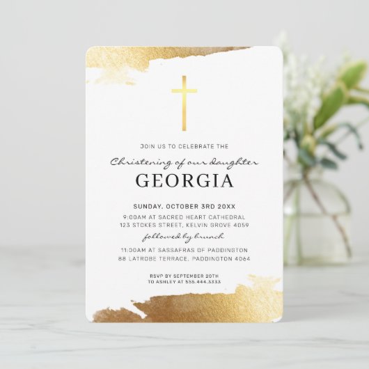 モダン《キリスト教》洗礼式や命名式金ゴールドフォイルシンプルクロス 招待状 (スタンド正面)