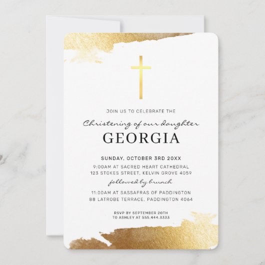 モダン《キリスト教》洗礼式や命名式金ゴールドフォイルシンプルクロス 招待状 (正面)