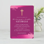 モダン《キリスト教》洗礼式や命名式金ゴールド箔クロスダークピンク 招待状 (スタンド正面)